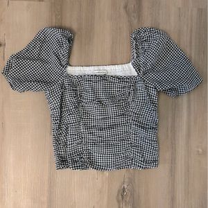 Abercrombie & Fitch Gingham Ruched Smocked Square Neck Puff Sleeve Crop Top